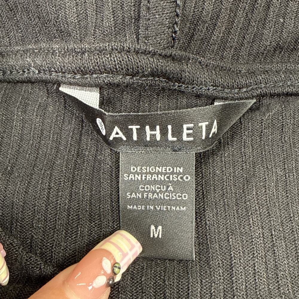 Athleta Harmony Pose Wrap M Black Ribbed Hooded Cardigan Open Front Thumbholes - Picture 9 of 15